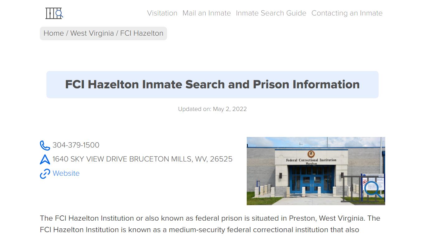 FCI Hazelton Inmate Search, Visitation, Phone no ...